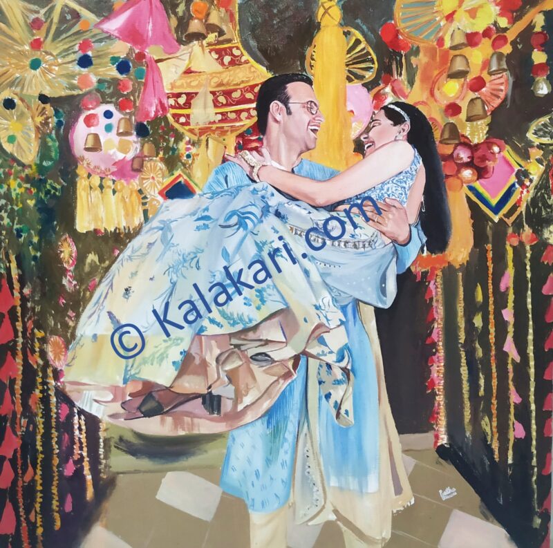 Oil Painting of couple at temple